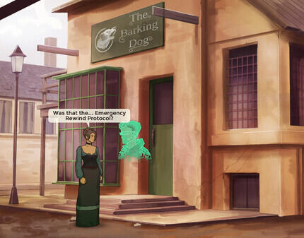 Pixelated art style. A woman standing in front of a tavern with her arms crossed. It's nighttime and foggy.