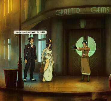 Pixelated art style, and the image is cast in a purple hue. A short gremlin dressed in black is talking to a woman. They're in the shadow of a large rock.