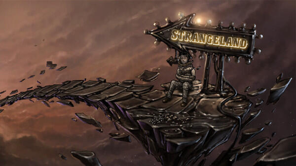 A man in a straitjacket sits on a platform of rocks suspended in an empty, ethereal space. Above him, a sign shaped like an arrow, with flashing lights, that reads "Strangeland".