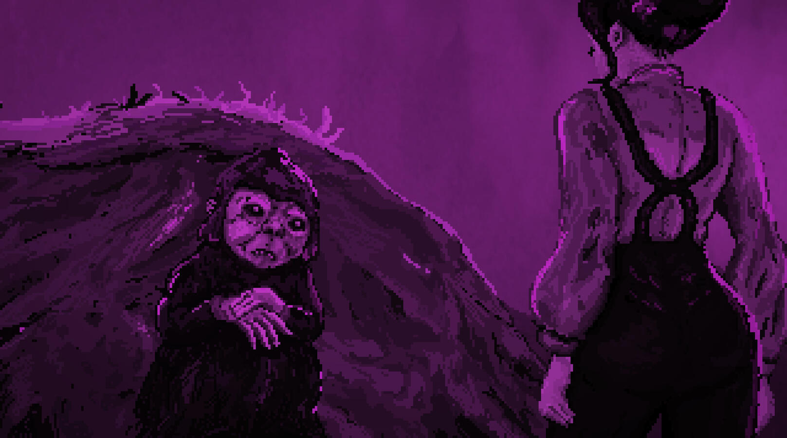 Pixelated art style, and the image is cast in a purple hue. A short gremlin dressed in black is talking to a woman. They're in the shadow of a large rock.