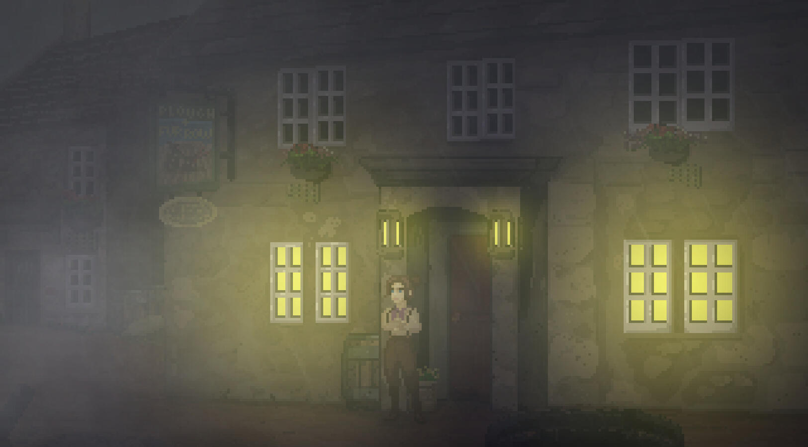 Pixelated art style. A woman standing in front of a tavern with her arms crossed. It's nighttime and foggy.