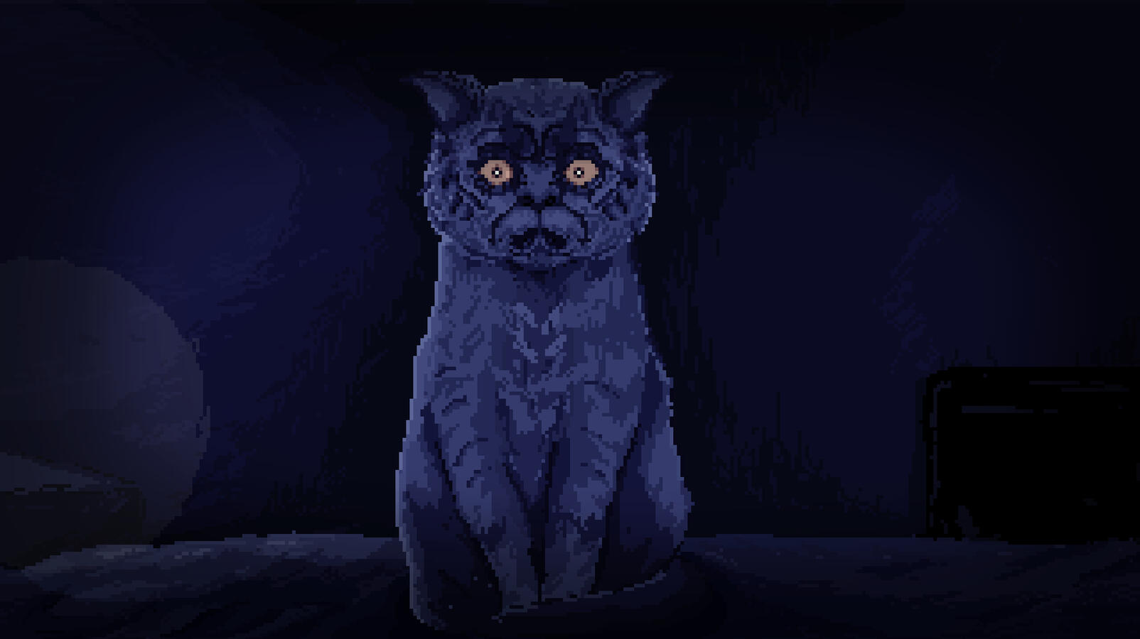 Pixelated art style. The scene is cast in a dark blue hue. A bluish cat with piercing yellow eyes stares into the camera.