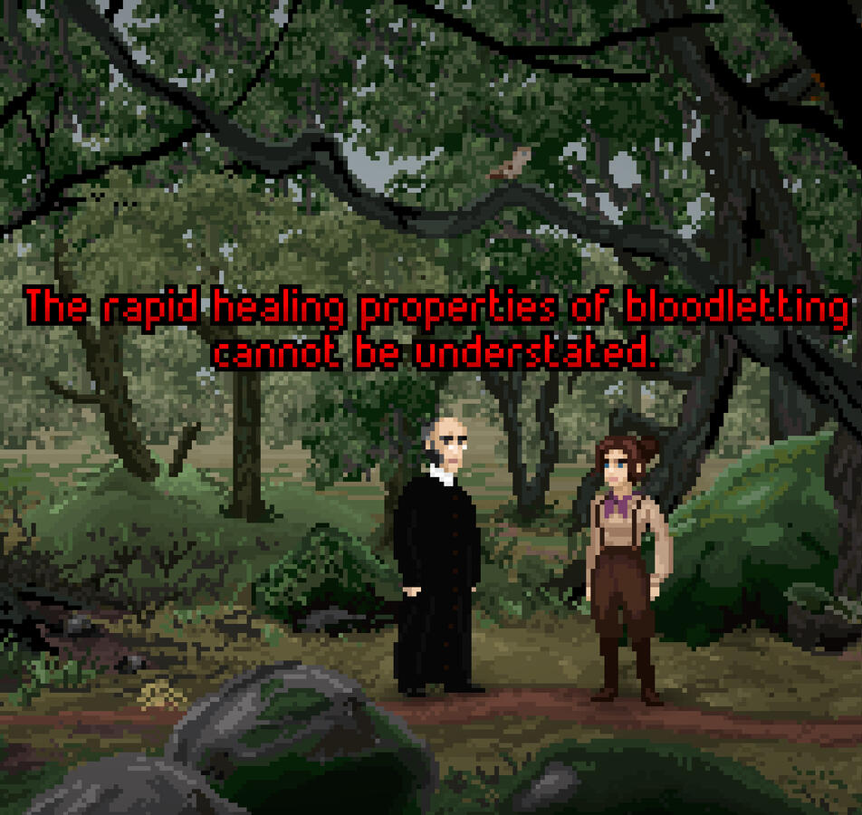 Pixelated art style. In a forest, a woman is speaking to a minister, who says via text "The rapid properties of bloodletting cannot be understated."