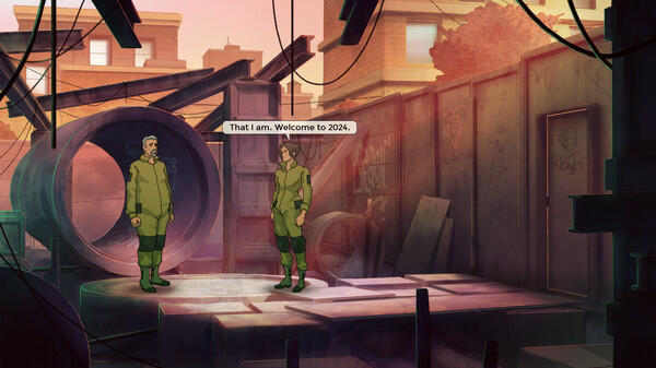 Pixelated art style. A woman standing in front of a tavern with her arms crossed. It's nighttime and foggy.