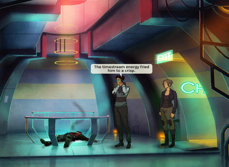 Pixelated art style, and the image is cast in a purple hue. A short gremlin dressed in black is talking to a woman. They're in the shadow of a large rock.
