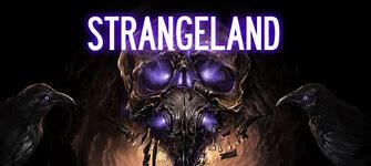 The poster for "Strangeland" depicting a skull with a purple-ish glow seeping through it's eye and nose cavities. It's centered between two black crows, staring at each other.