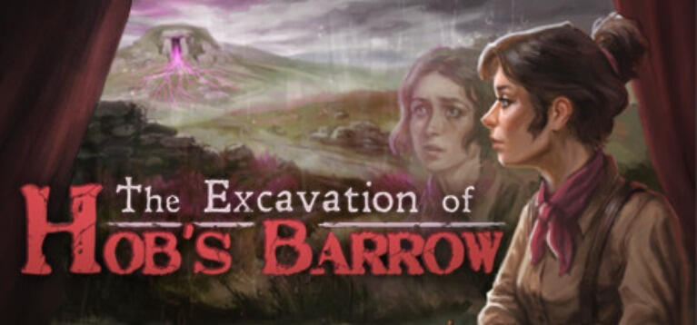 An image for the game "The Excavation of Hob's Barrow". It depicts the main character, Thomasina (Long brown hair tied up, wearing a white button down shirt, brown suspenders, and a purple ascot), looking out the window of a train showing the British count