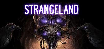 The poster for "Strangeland" depicting a skull with a purple-ish glow seeping through it's eye and nose cavities. It's centered between two black crows, staring at each other.