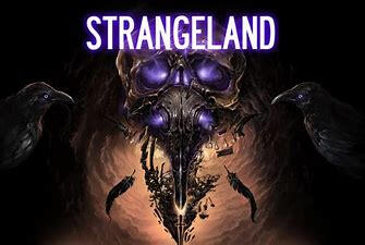 The poster for "Strangeland" depicting a skull with a purple-ish glow seeping through it's eye and nose cavities. It's centered between two black crows, staring at each other.